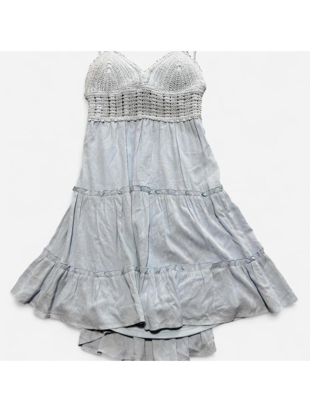 Blue Boho Crochet Open Back Mini Dress, Size Medium